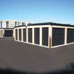 The basic low pitch buildings feature non-operational doors
on corners to avoid the use of corrugated panel. 
Black standing seam rooftops are utilized throughout the site, with rolling steps.