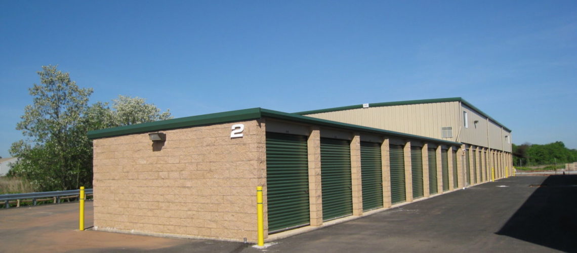 This self-storage building features block jambs and end walls on the lower level, while the second story is clad with steel A-panel.