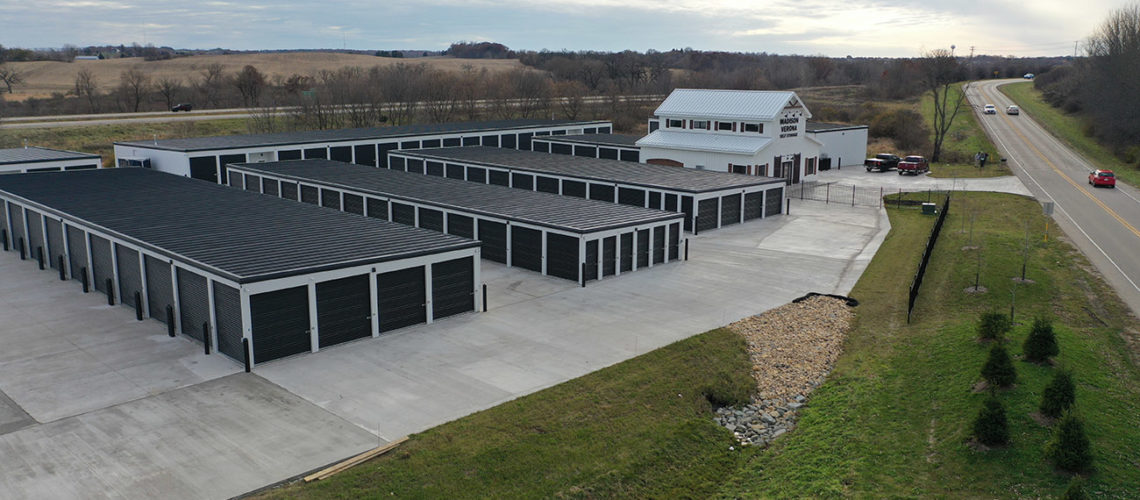 The site uses standard low pitched lean-to buildings to provide drive-up storage.