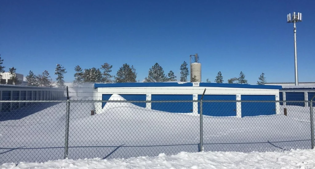 storage units covered in snow