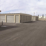 Classic beige self-storage buildings with shale doors.