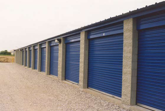 This self-storage facility features transom panels and Trac-Rite royal blue roll-up doors.